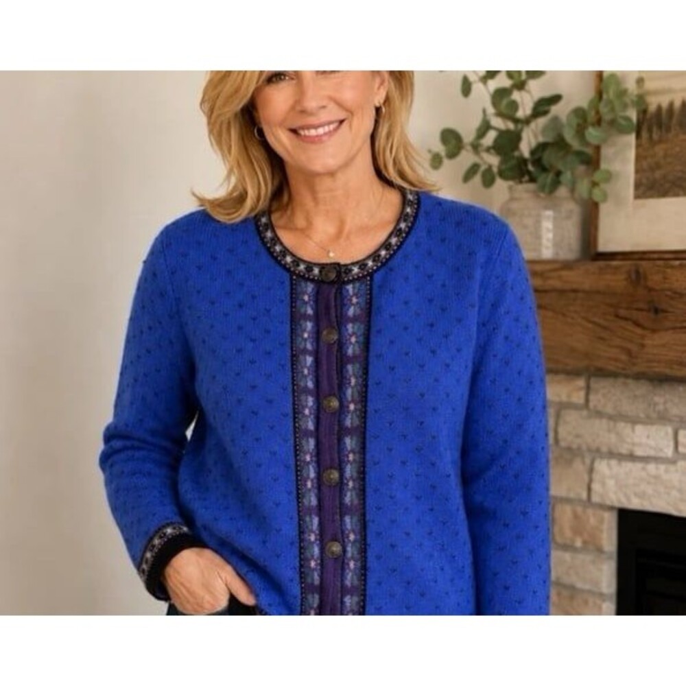 Vintage 60s Granny Tally Ho Cardigan Fisherman Nordic Blue 100% Wool Fair Isle M